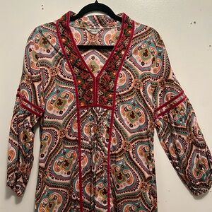 Johnny Was Red Tunic Midi Dress with 3/4 Sleeve and Mandarin Collar